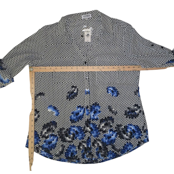 VTG Women's Express Button-Up Shirt Size LG White Black Polka Dot Blue Floral - Picture 3 of 4